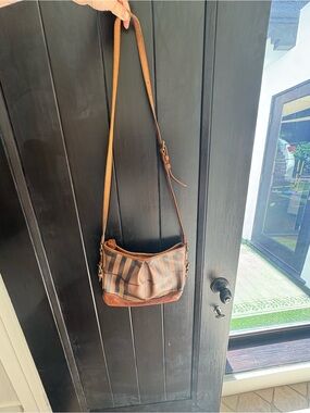 Burberry Brown Striped Canvas & Leather Crossbody Bag